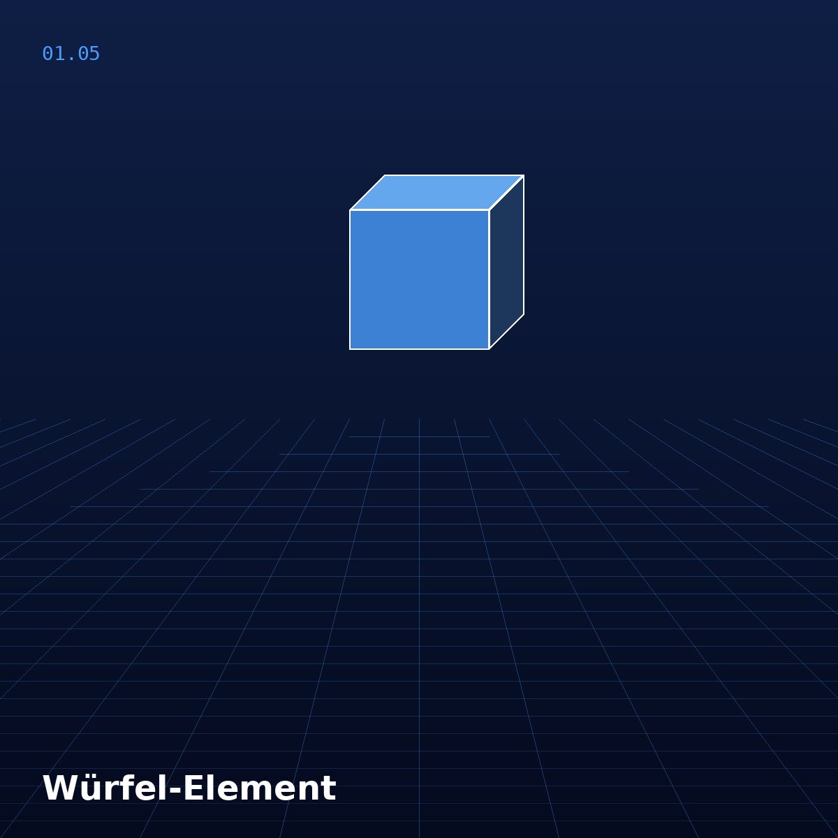 Schwebender geometrischer Würfel über perspektivischem Grid