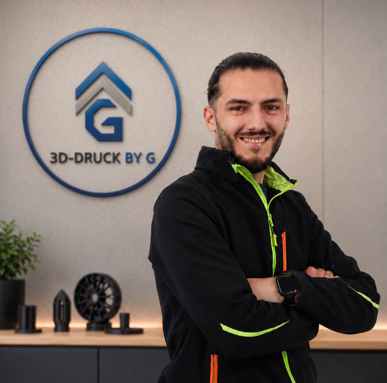 Inhaber von 3D-Druck By G mit verschränkten Armen vor dem Firmenlogo, im Hintergrund 3D-gedruckte Objekte